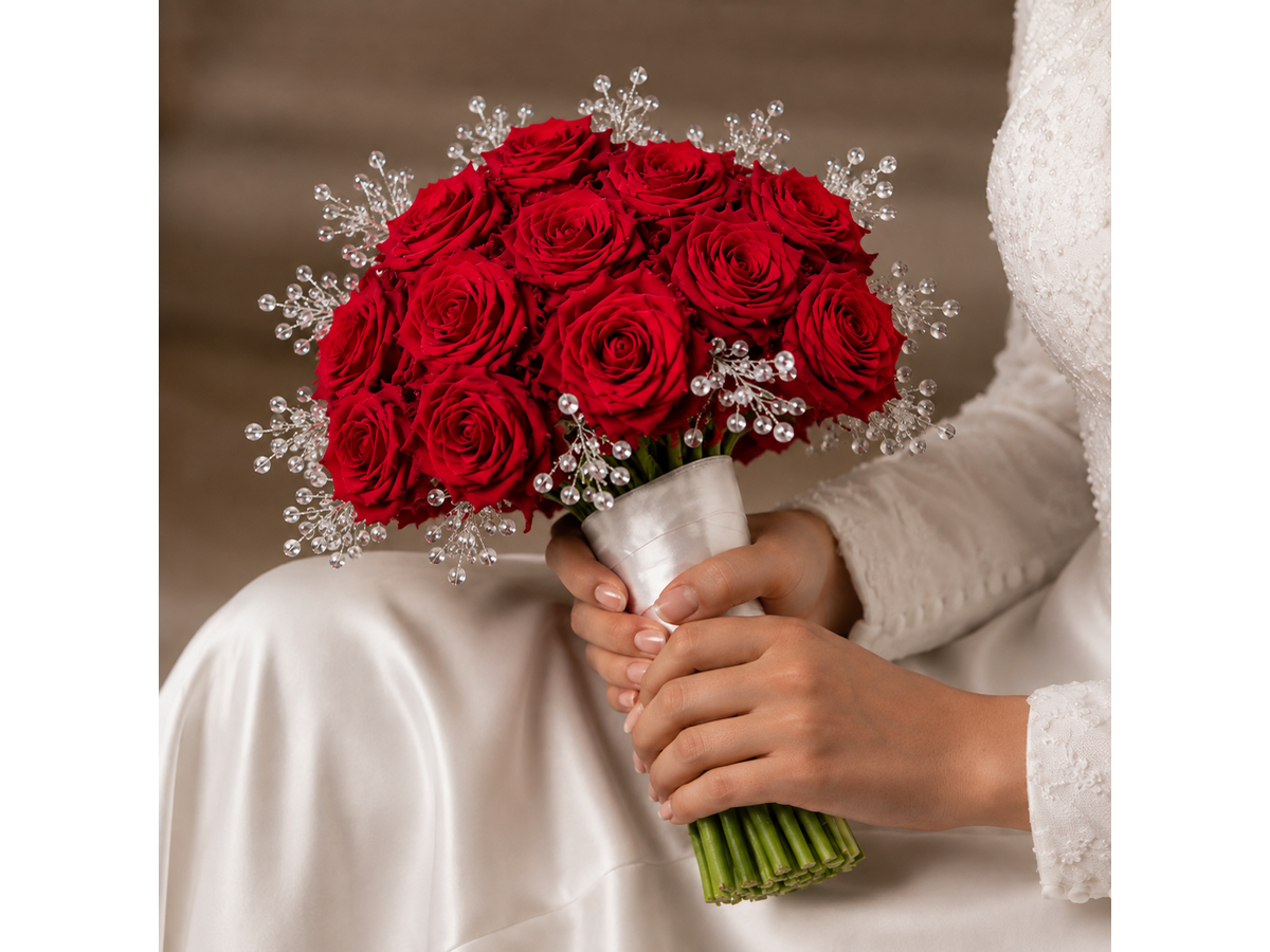 مسكة عروس بالورد الأحمر والكريستال